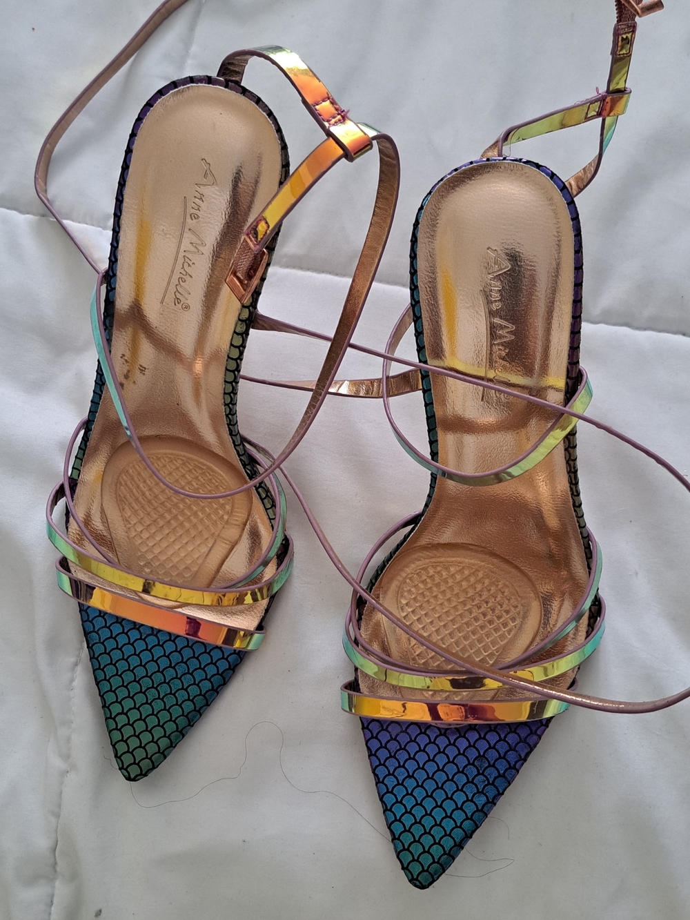 Iridescent Strappy Pointed-Toe Heels - Multicolor